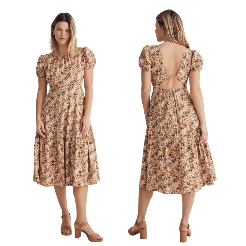 Madewell Backless Floral Dress in Cream and Brown